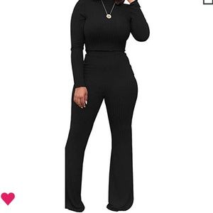 2 Piece Turtleneck Ribbed Crop Top Long Pants Set
